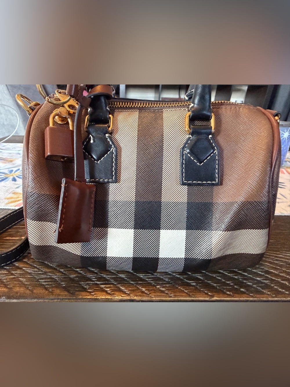 Burberry Brown and Black Checked Mini Bowling Bag